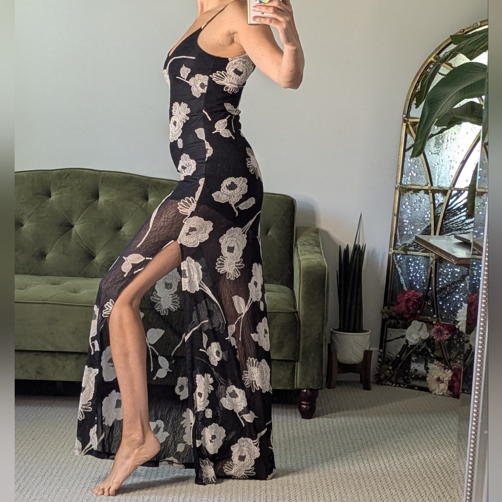 Astr Maxi Lace Floral Dress Black Halloween High Slit Sheer Sexy Size Small Fall